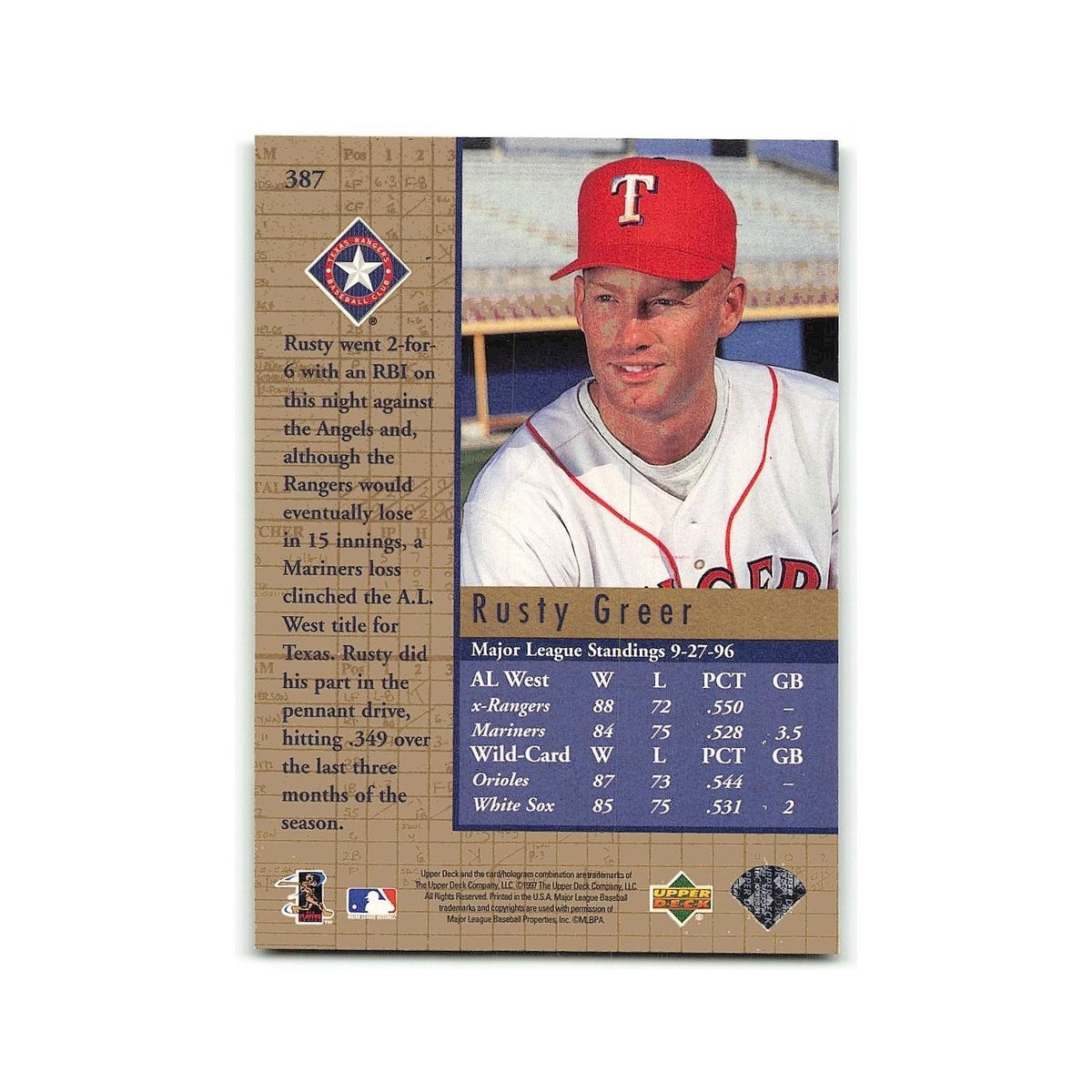 Rusty Greer 1997 Upper Deck #387 Texas Rangers Baseball Card NM