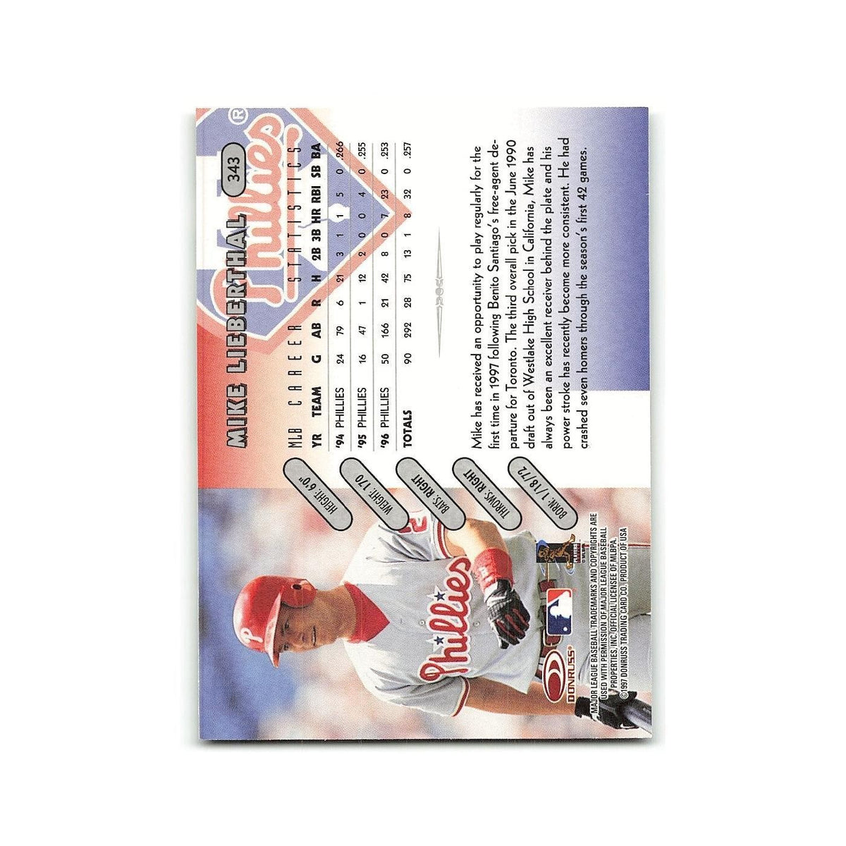 Mike Lieberthal 1997 Donruss #343 Philadelphia Phillies Baseball Card NM