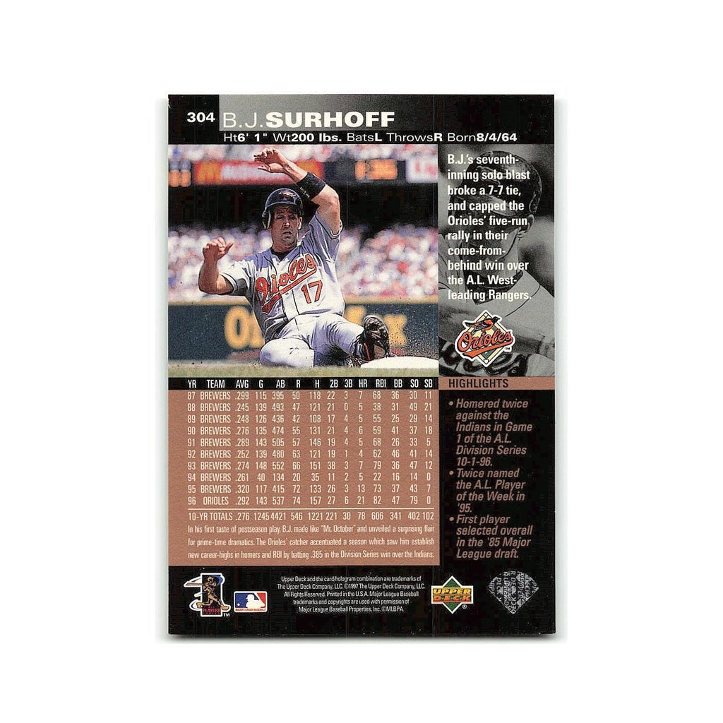 B.J. Surhoff 1997 Upper Deck #304 Baltimore Orioles Baseball Card NM