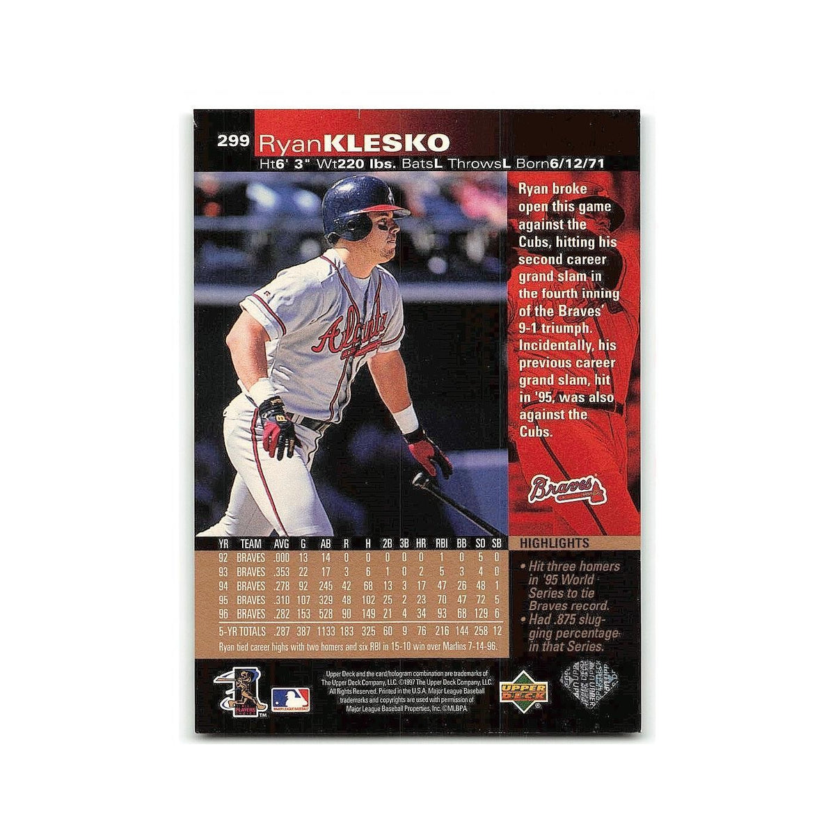 Ryan Klesko 1997 Upper Deck #299 Atlanta Braves Baseball Card NM