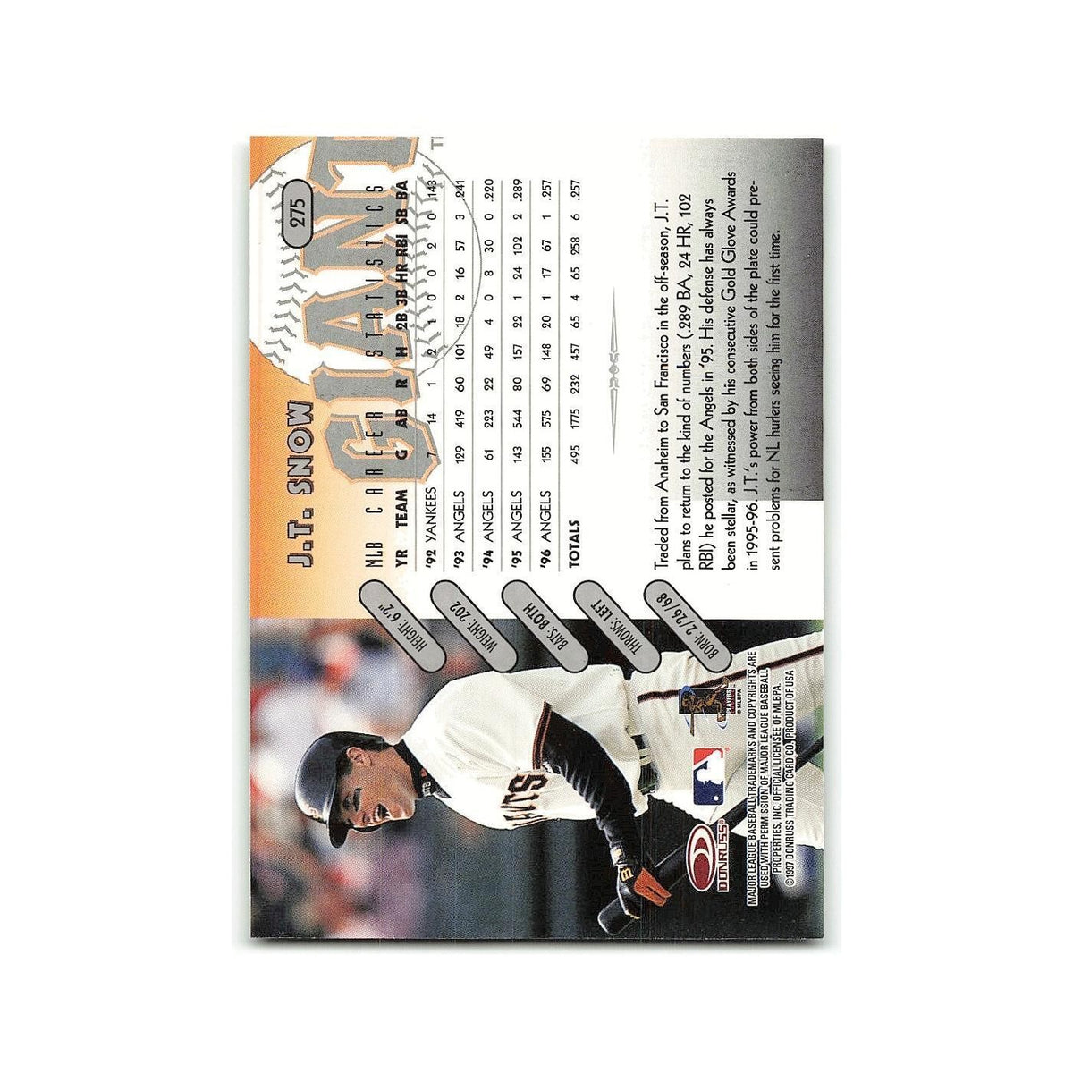 J.T. Snow 1997 Donruss #275 San Francisco Giants Baseball Card NM