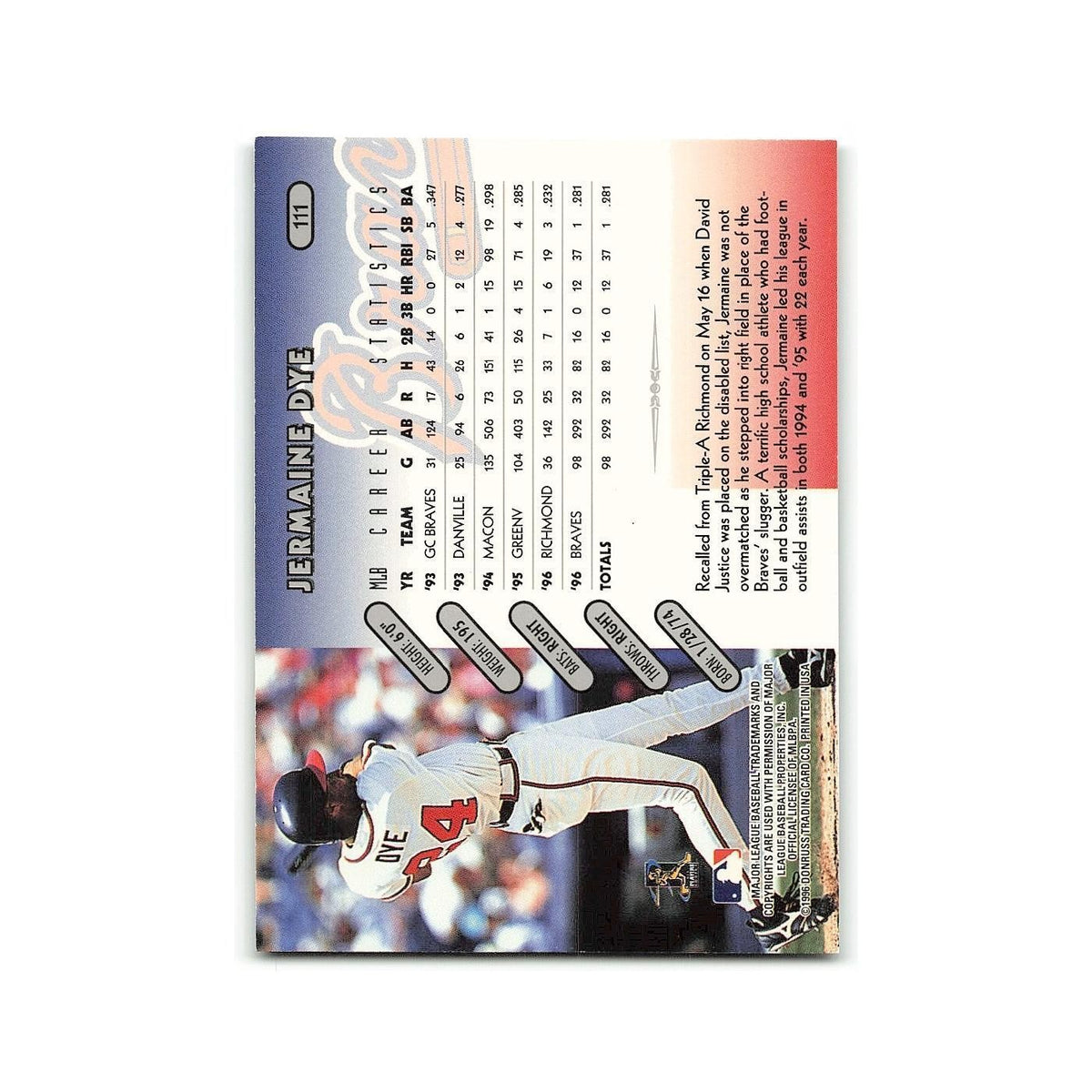 Jermaine Dye 1997 Donruss #111 Atlanta Braves Baseball Card NM
