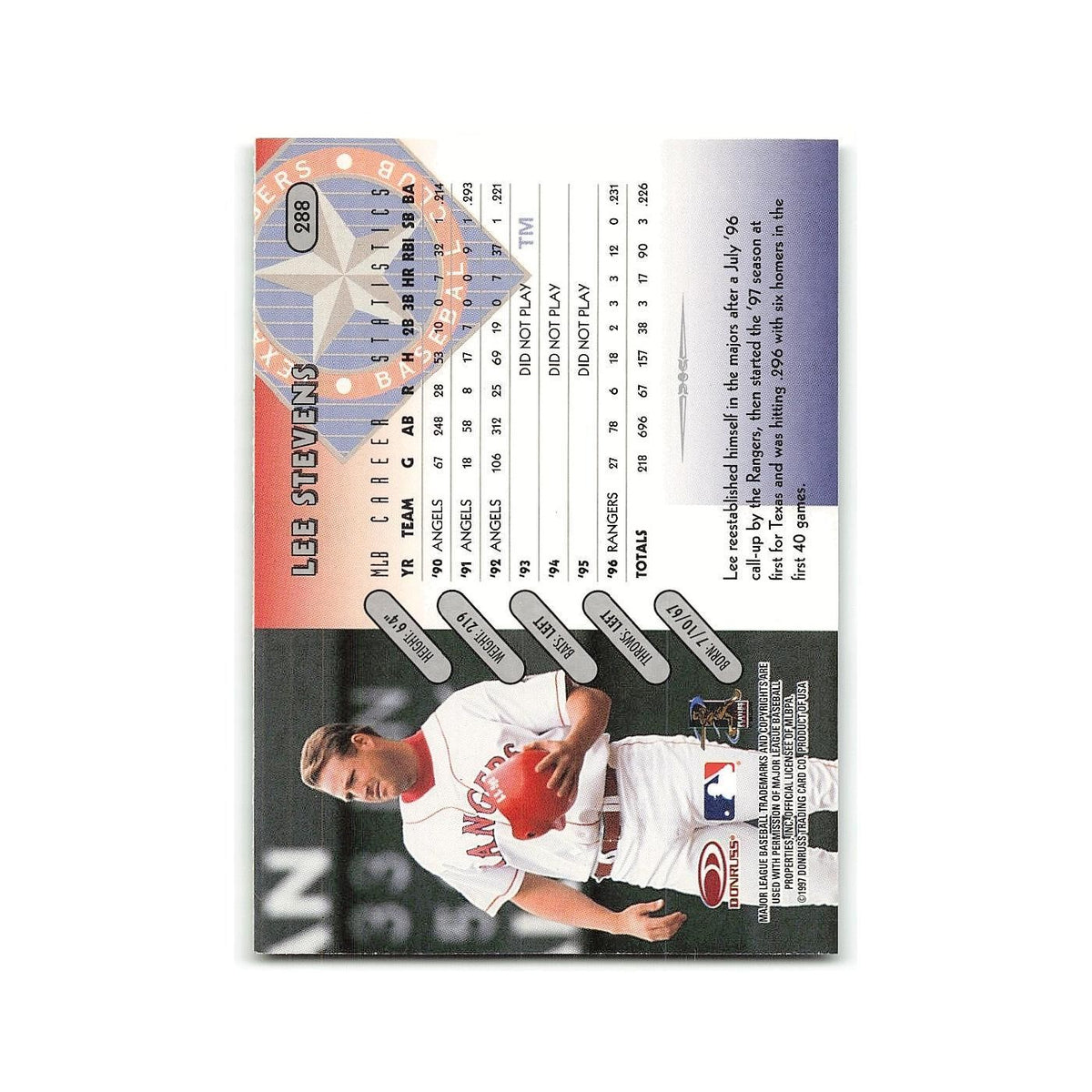 Lee Stevens 1997 Donruss #288 Texas Rangers Baseball Card NM