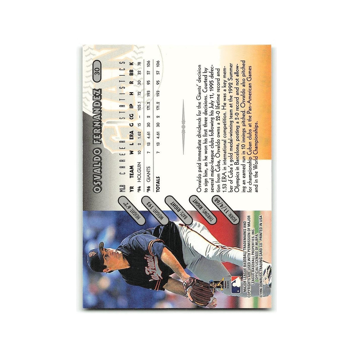 Osvaldo Fernandez 1997 Donruss #30 San Francisco Giants Baseball Card NM