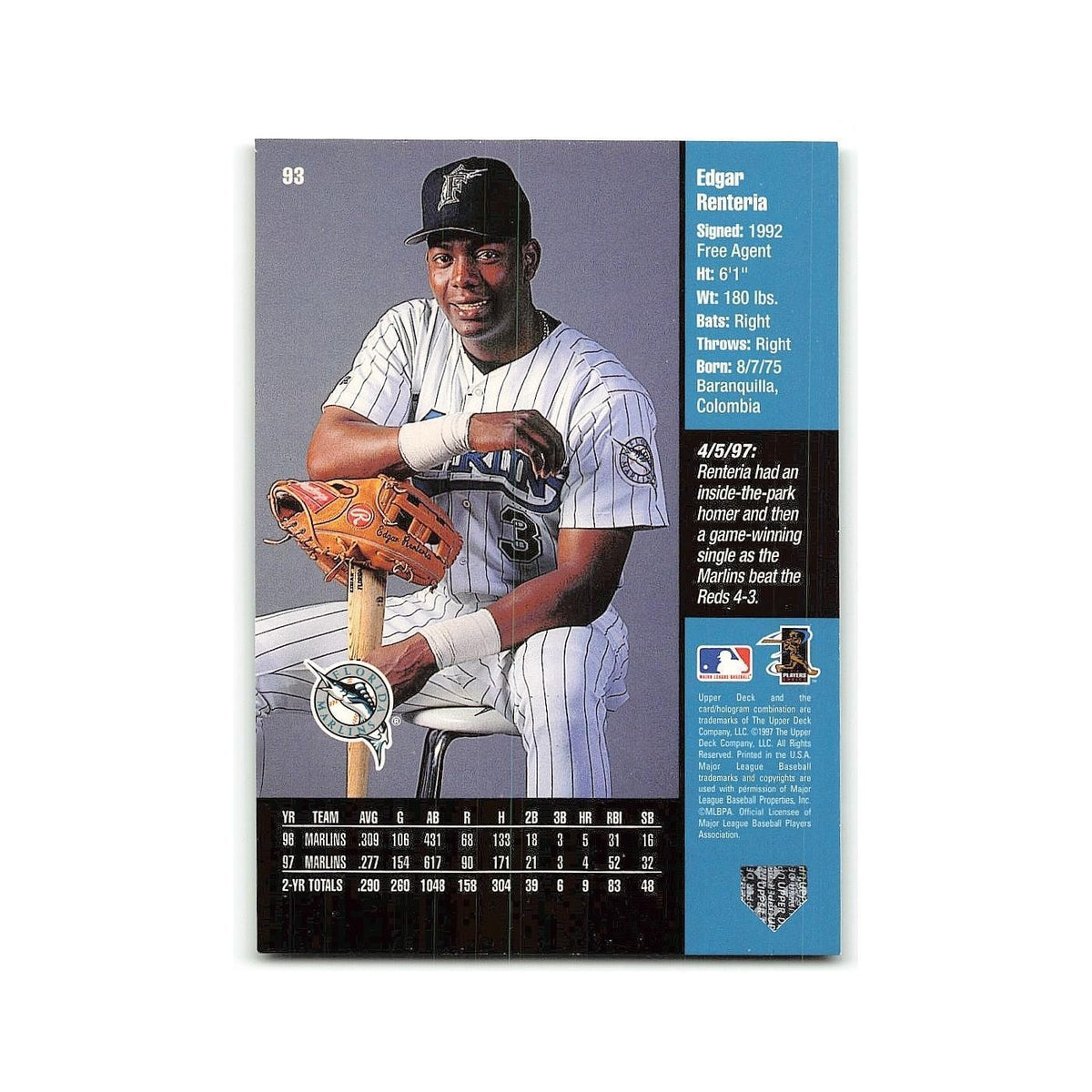 Edgar Renteria 1998 Upper Deck #93 Florida Marlins Baseball Card NM