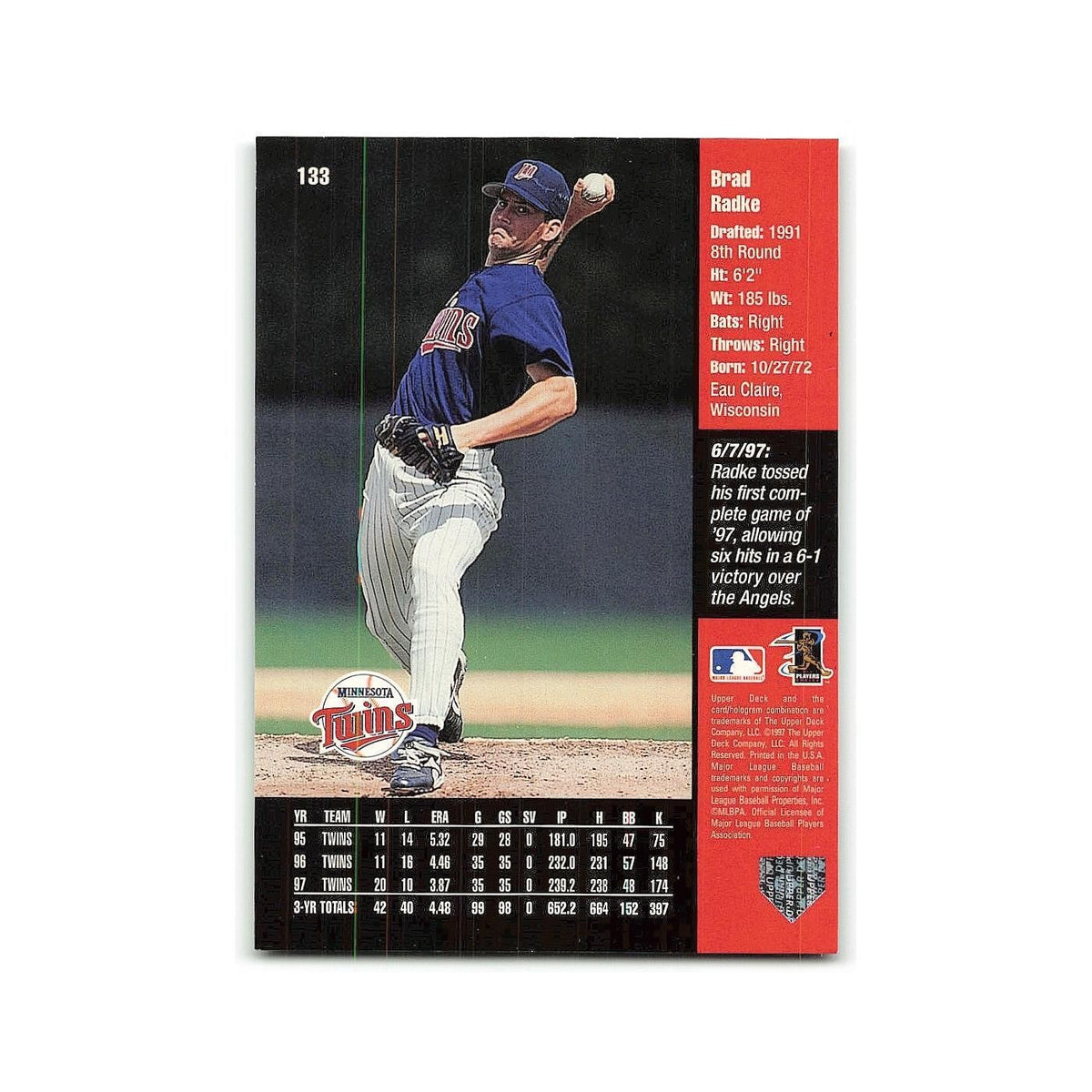 Brad Radke 1998 Upper Deck #133 Minnesota Twins Baseball Card NM