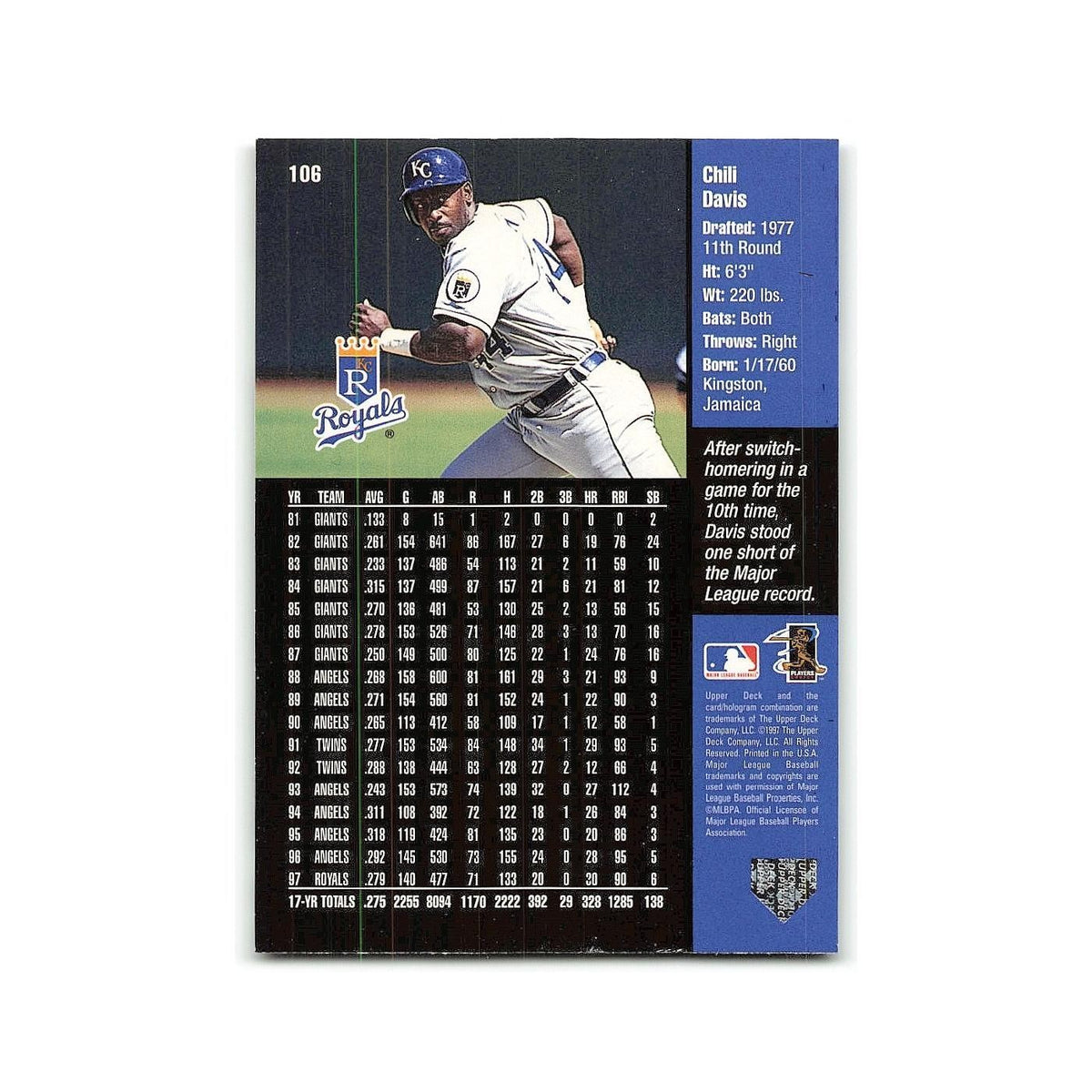 Chili Davis 1998 Upper Deck #106 Kansas City Royals Baseball Card NM
