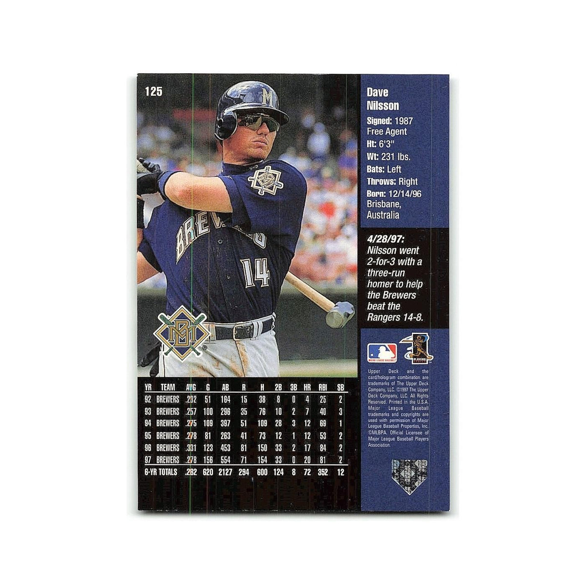 Dave Nilsson 1998 Upper Deck #125 Milwaukee Brewers Baseball Card NM