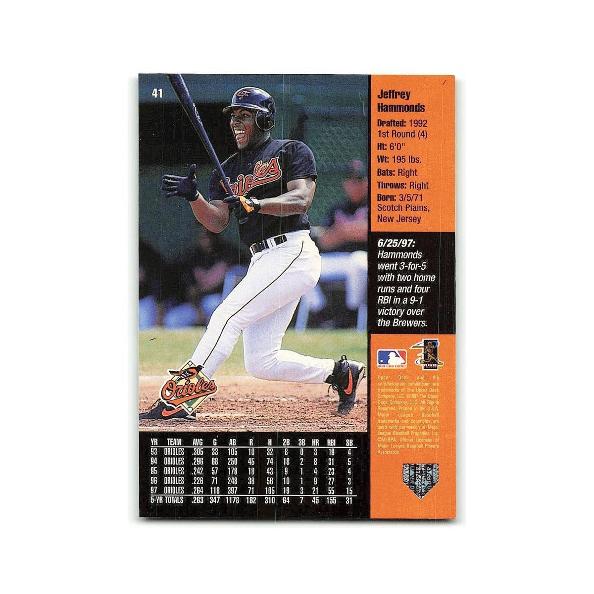 Jeffrey Hammonds 1998 Upper Deck #41 Baltimore Orioles Baseball Card NM