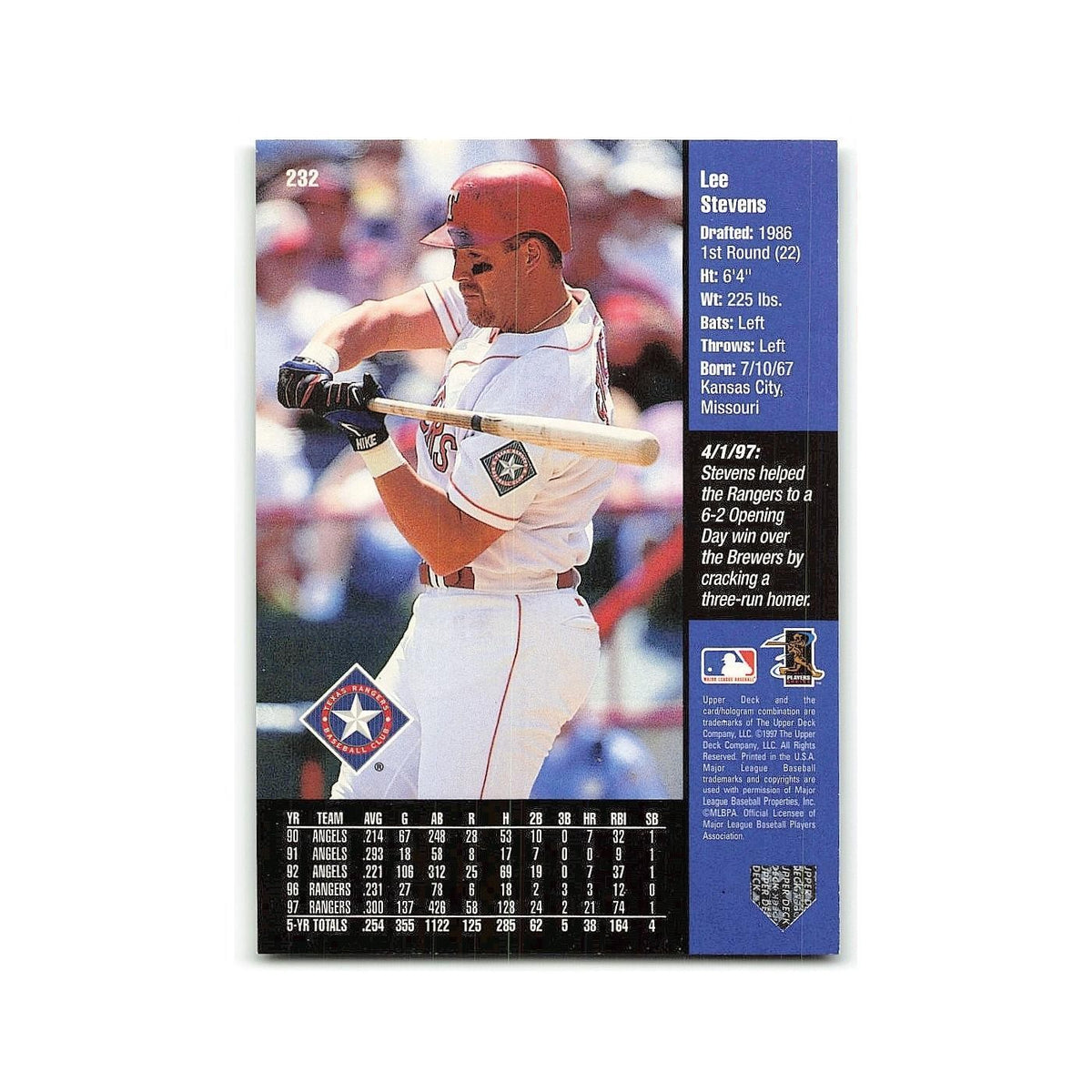 Lee Stevens 1998 Upper Deck #232 Texas Rangers Baseball Card NM