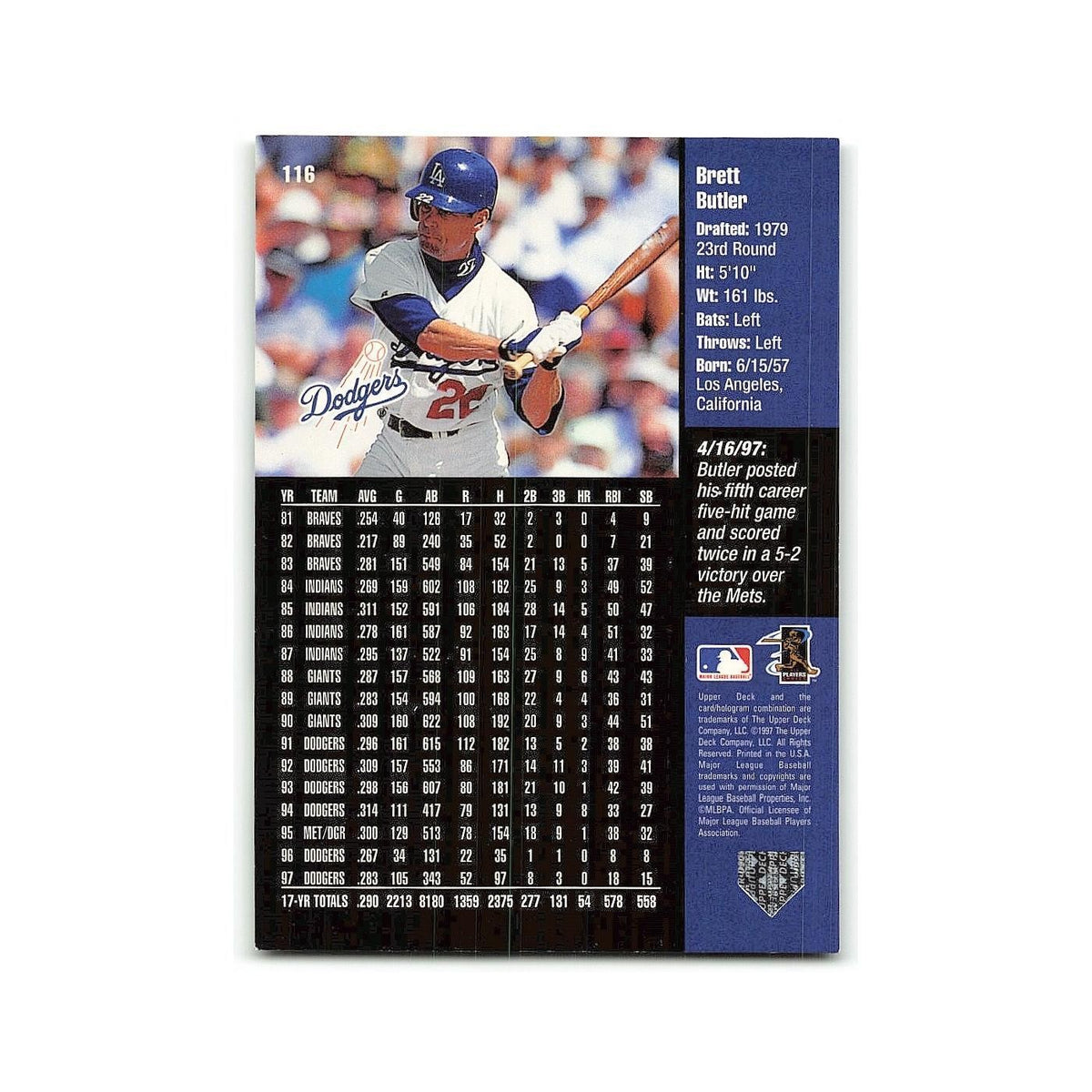 Brett Butler 1998 Upper Deck #116 Los Angeles Dodgers Baseball Card NM