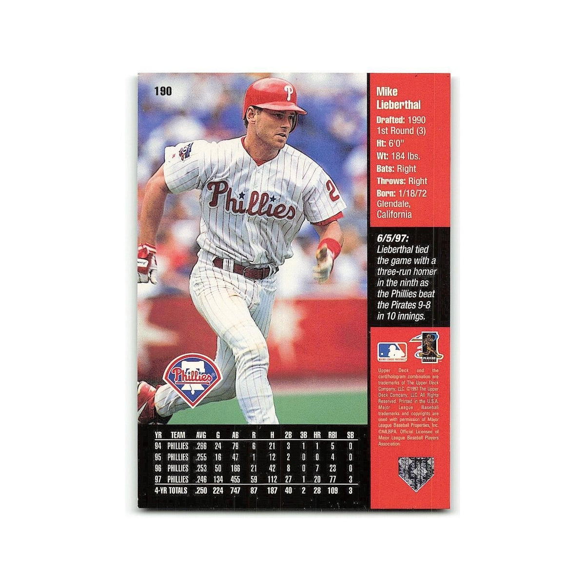 Mike Lieberthal 1998 Upper Deck #190 Philadelphia Phillies Baseball Card NM