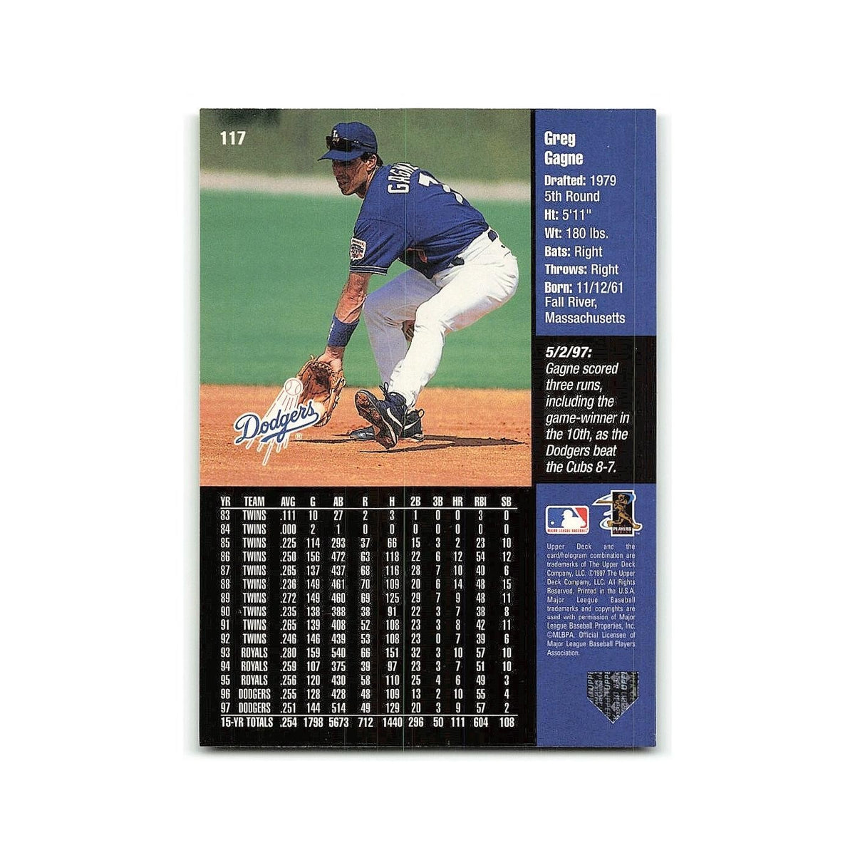 Greg Gagne 1998 Upper Deck #117 Los Angeles Dodgers Baseball Card NM