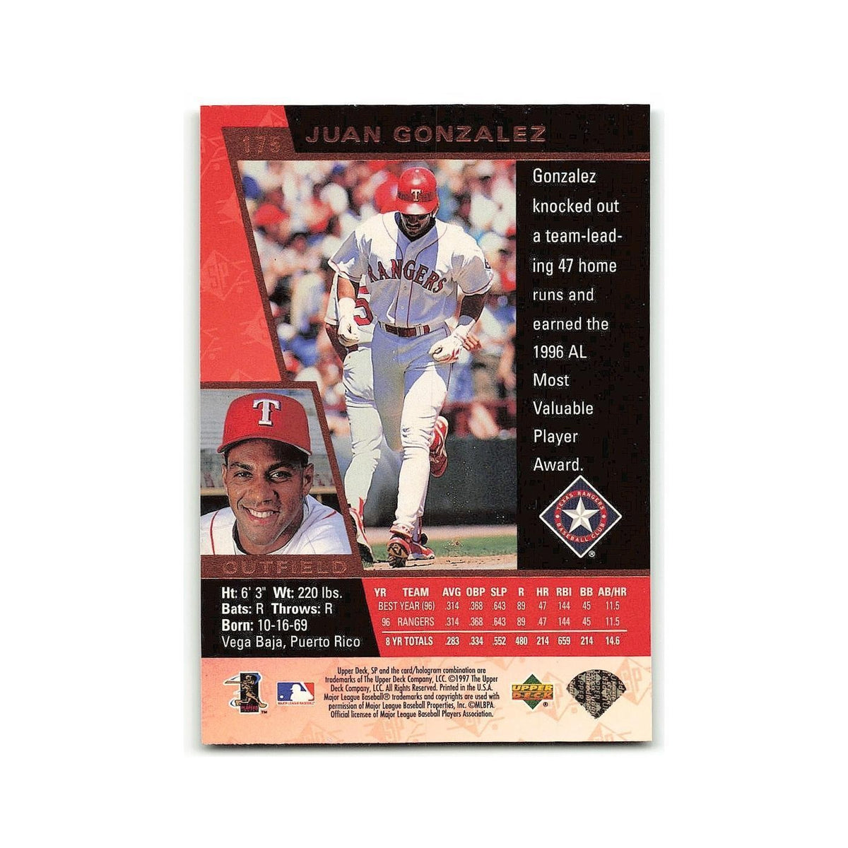 Juan Gonzalez 1997 SP #175 Texas Rangers Baseball Card NM