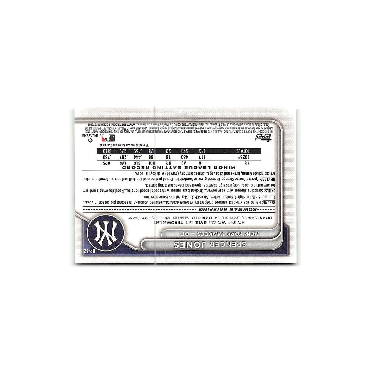 Spencer Jones 2024 Bowman Prospects #BP-32 New York Yankees Baseball Card NM