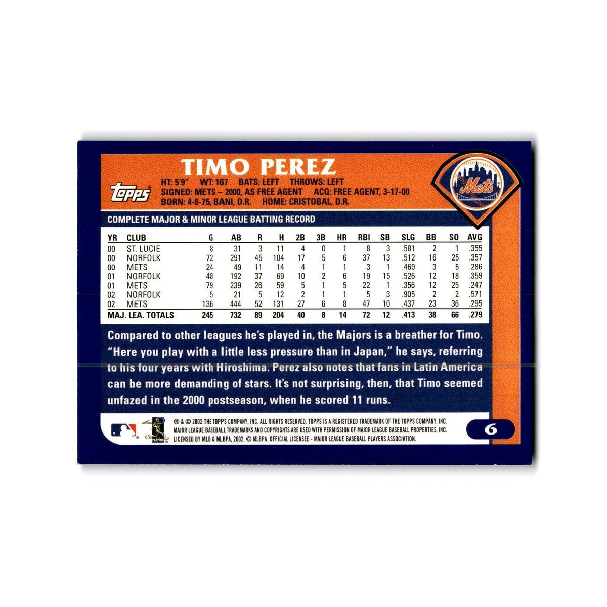 Timo Perez 2003 Topps #6 New York Mets Baseball Card NM