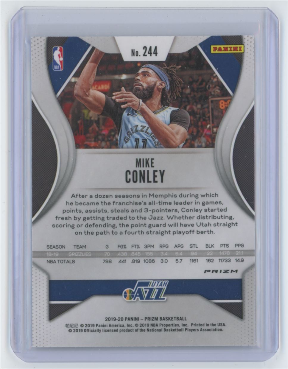 2019-20 Panini Prizm Mike Conley Silver Prizm .  Utah Jazz #244