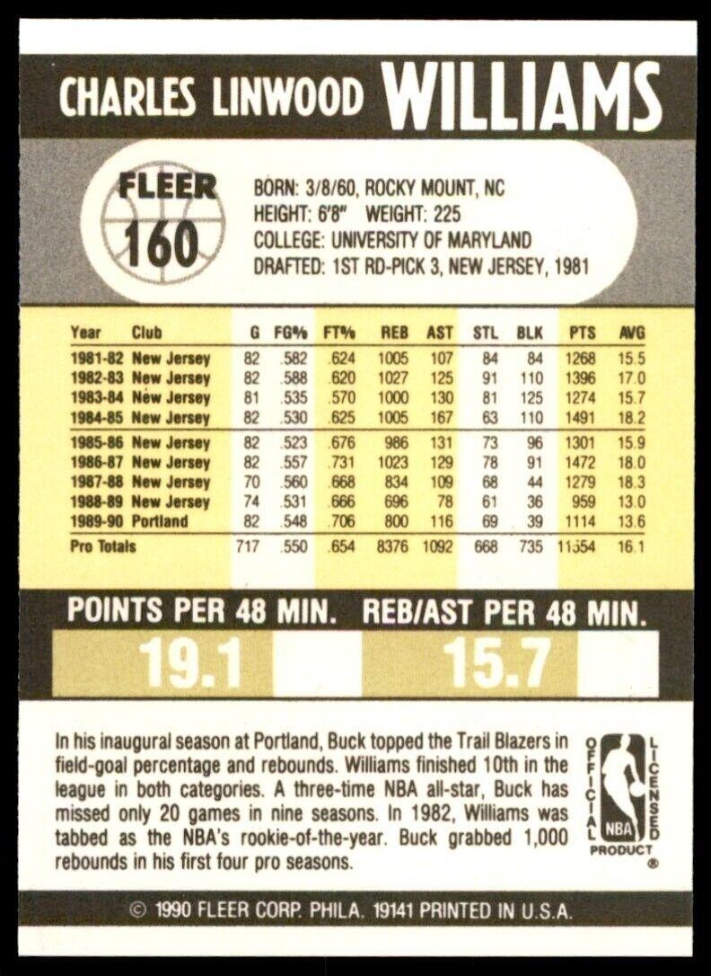 1990-91 Fleer Buck Williams . Portland Trail Blazers #160