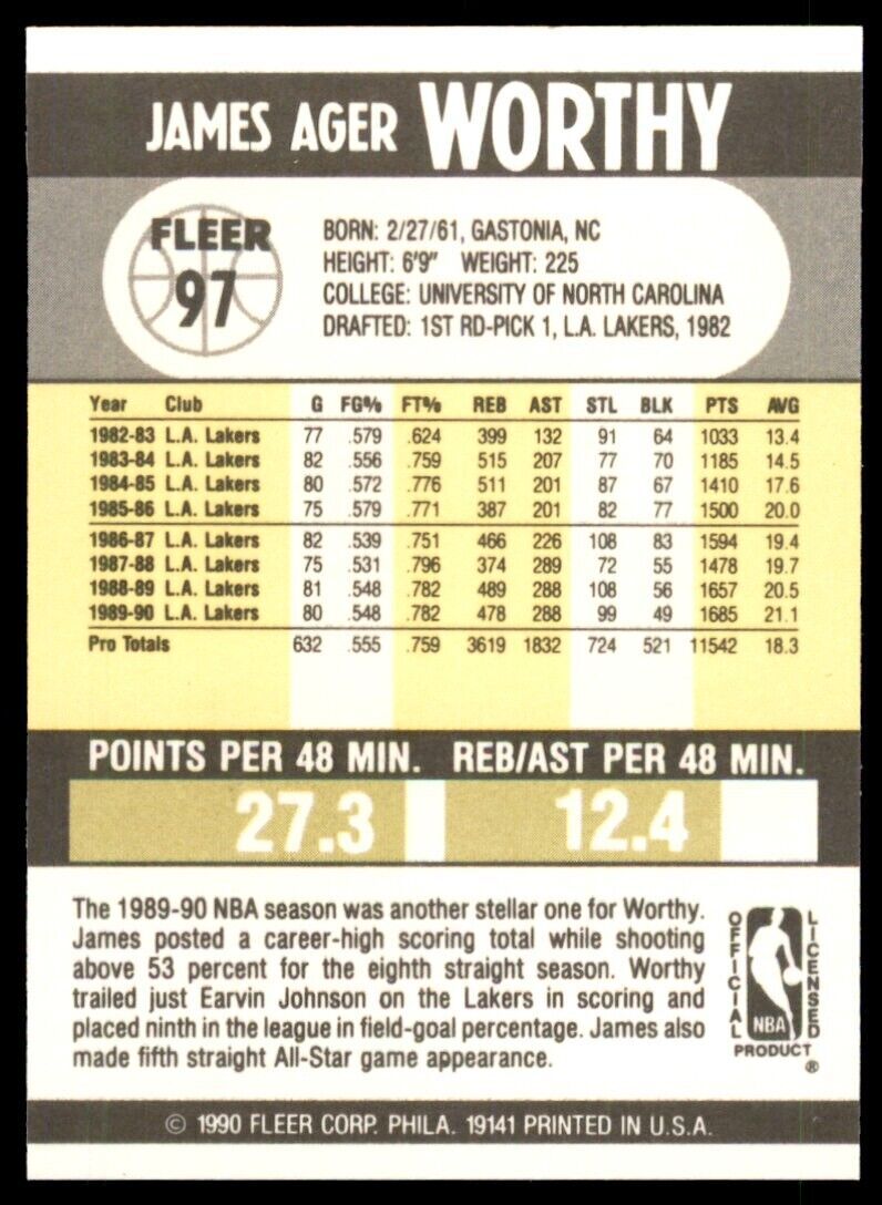 1990-91 Fleer James Worthy . Los Angeles Lakers #97