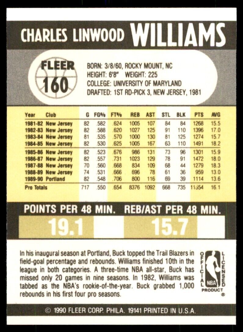 1990-91 Fleer Buck Williams . Portland Trail Blazers #160