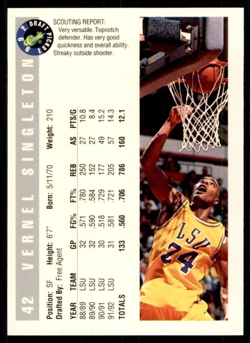1992-93 Classic Draft Vernel Singleton . LSU Tigers #42
