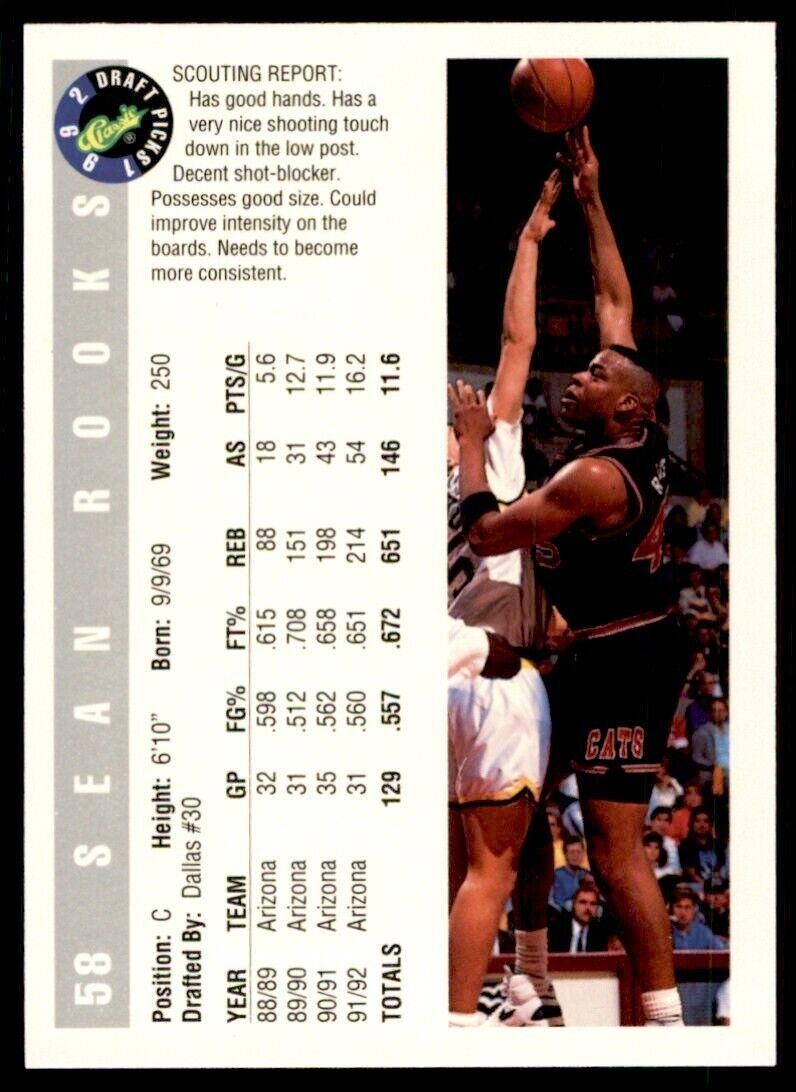 1992-93 Classic Draft Picks Sean Rooks . Arizona Wildcats #58