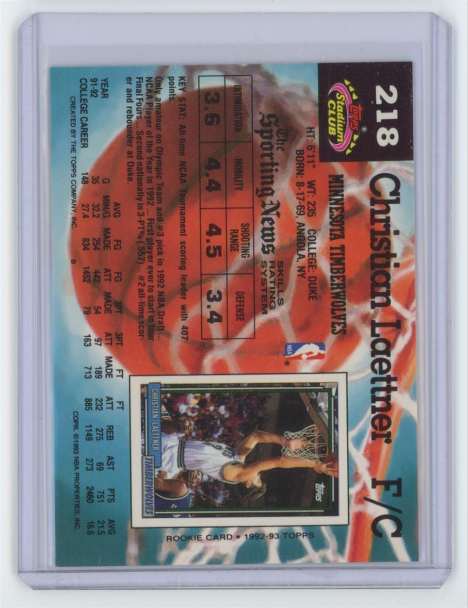 1992-93 Stadium Club Christian Laettner Rookie . Minnesota Timberwolves #218