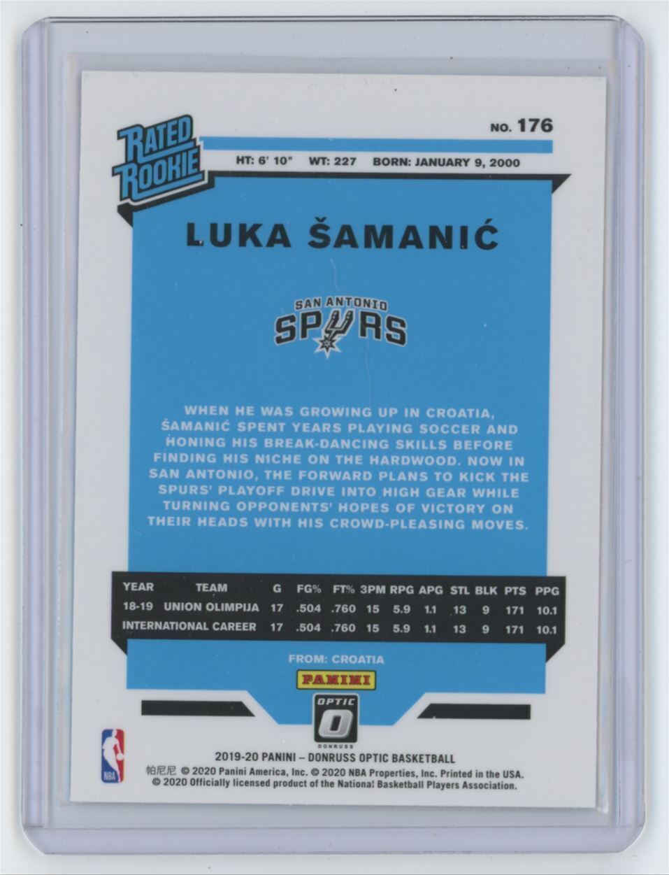 2019-20 Donruss Optic Luka Samanic Rookie . San Antonio Spurs #176