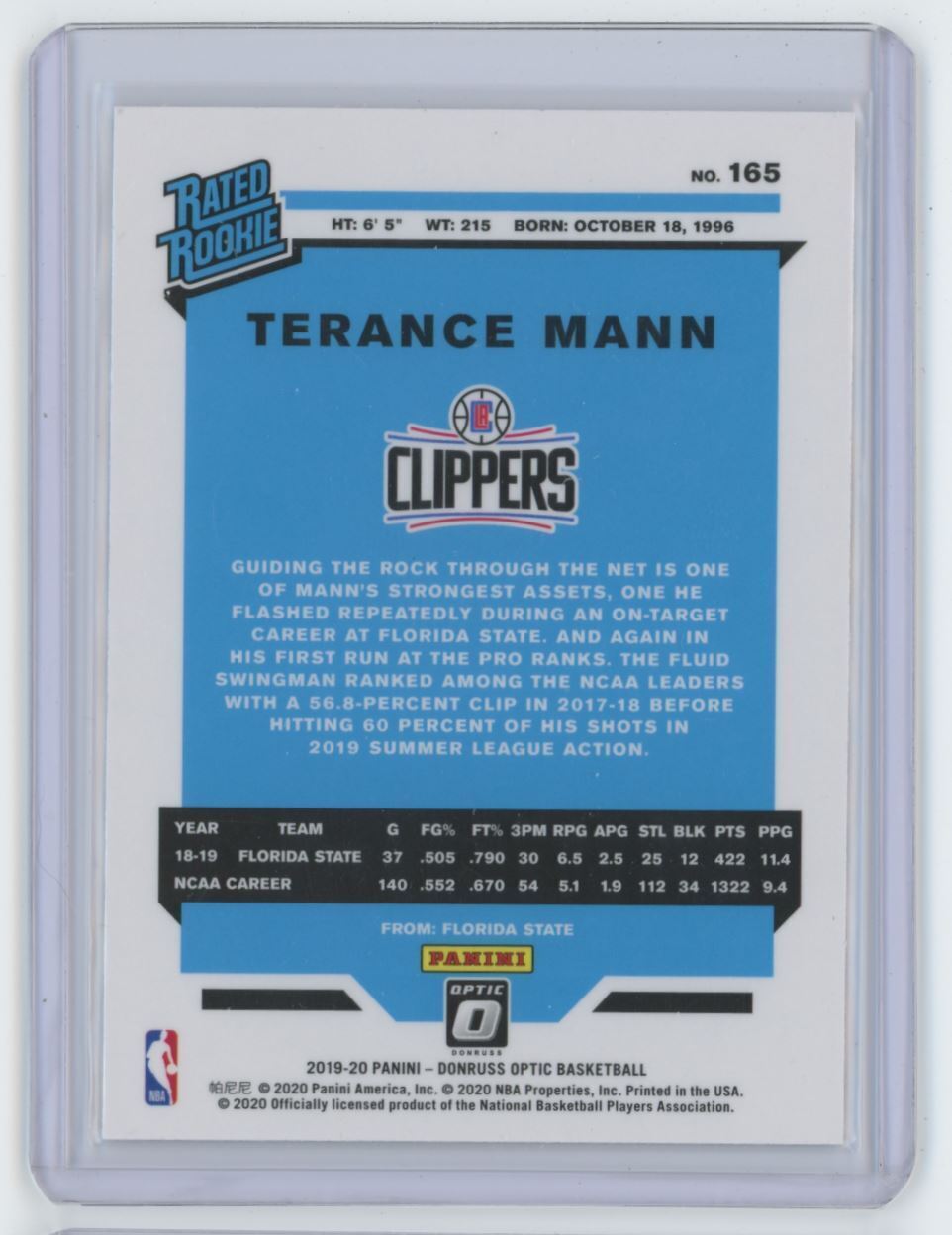2019-20 Donruss Optic Terance Mann Rookie . Los Angeles Clippers #165