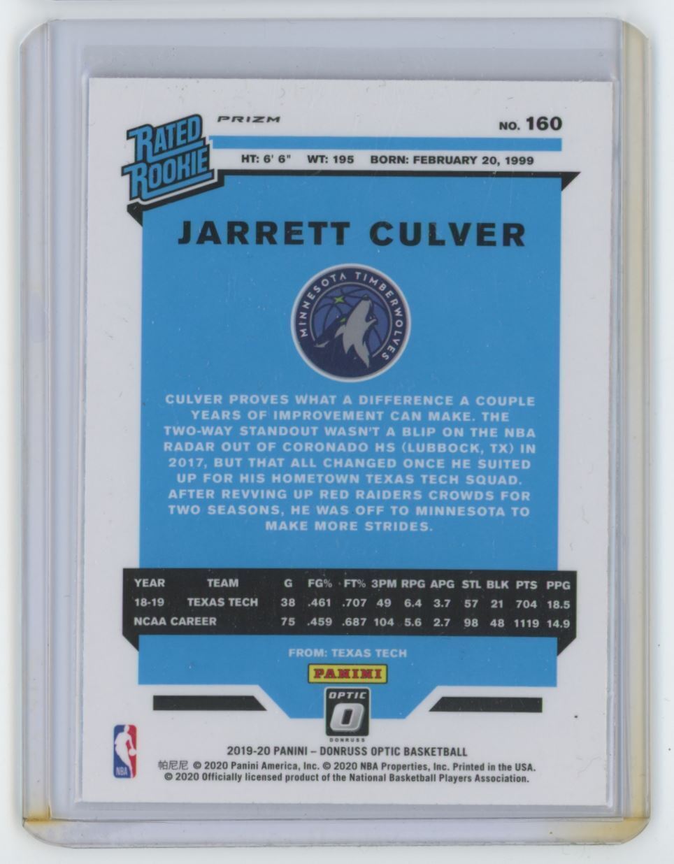 2019-20 Donruss Optic Hyper Pink Jarrett Culver Rookie . Minnesota Timberwolves
