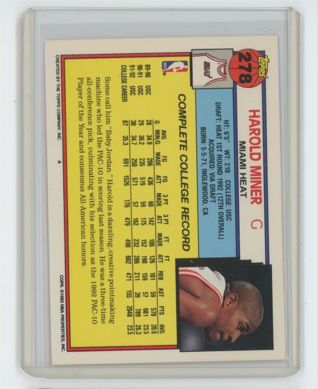 1992-93 Topps Harold Miner Rookie . Miami Heat #278