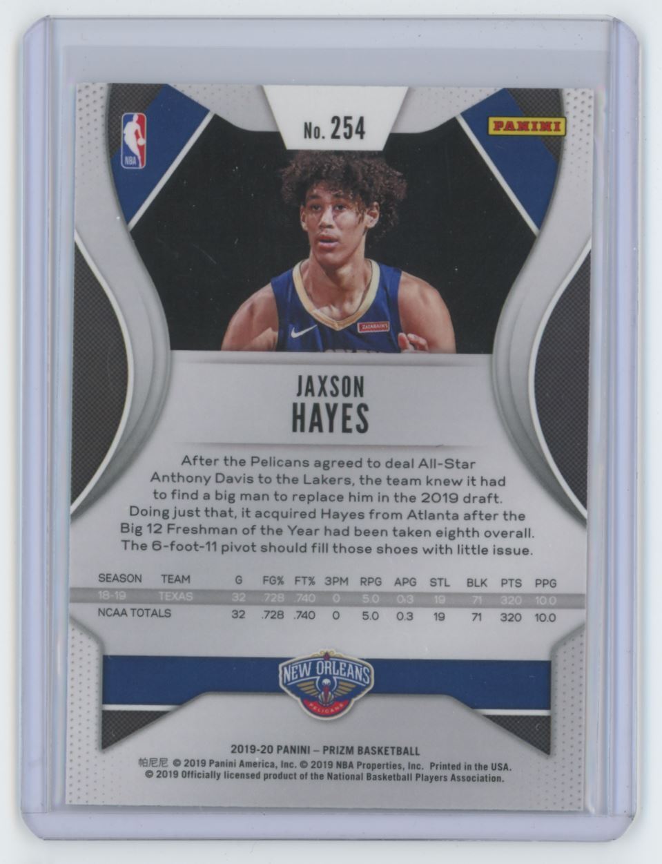 2019-20 Panini Prizm Jaxson Hayes Rookie . New Orleans Pelicans #254