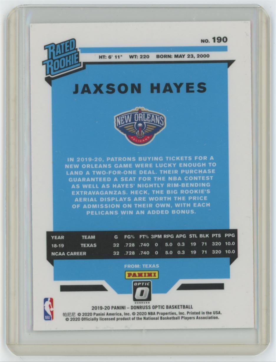 2019-20 Donruss Optic Jaxson Hayes Rookie . New Orleans Pelicans #190