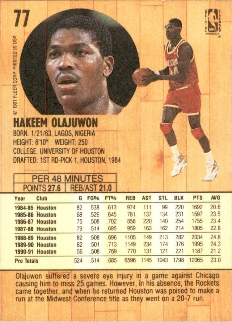 1991-92 Fleer Hakeem Olajuwon . Houston Rockets #77