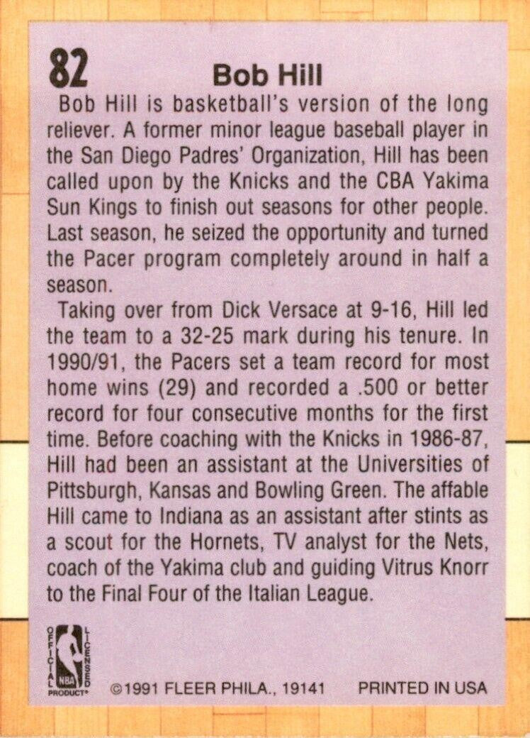 1991-92 Fleer Bob Hill Rookie . Indiana Pacers #82