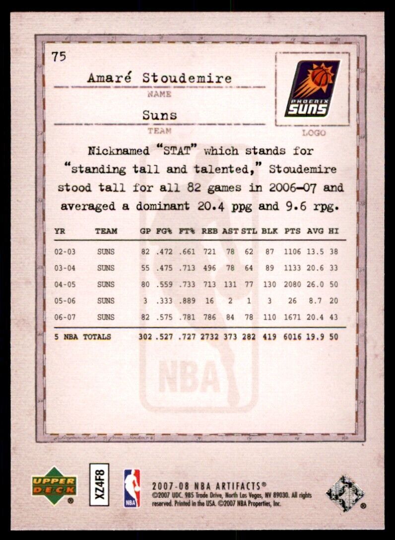 2007-08 Upper Deck Artifacts Amare Stoudemire . Phoenix Suns #75