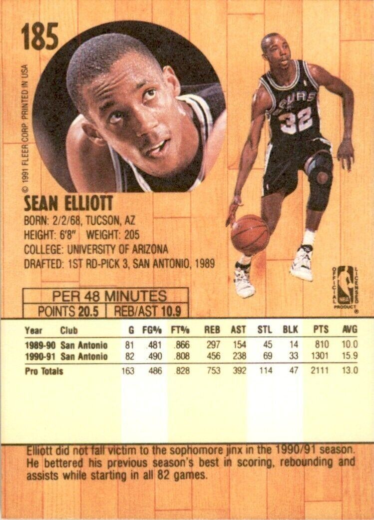 1991-92 Fleer Sean Elliott . San Antonio Spurs #185