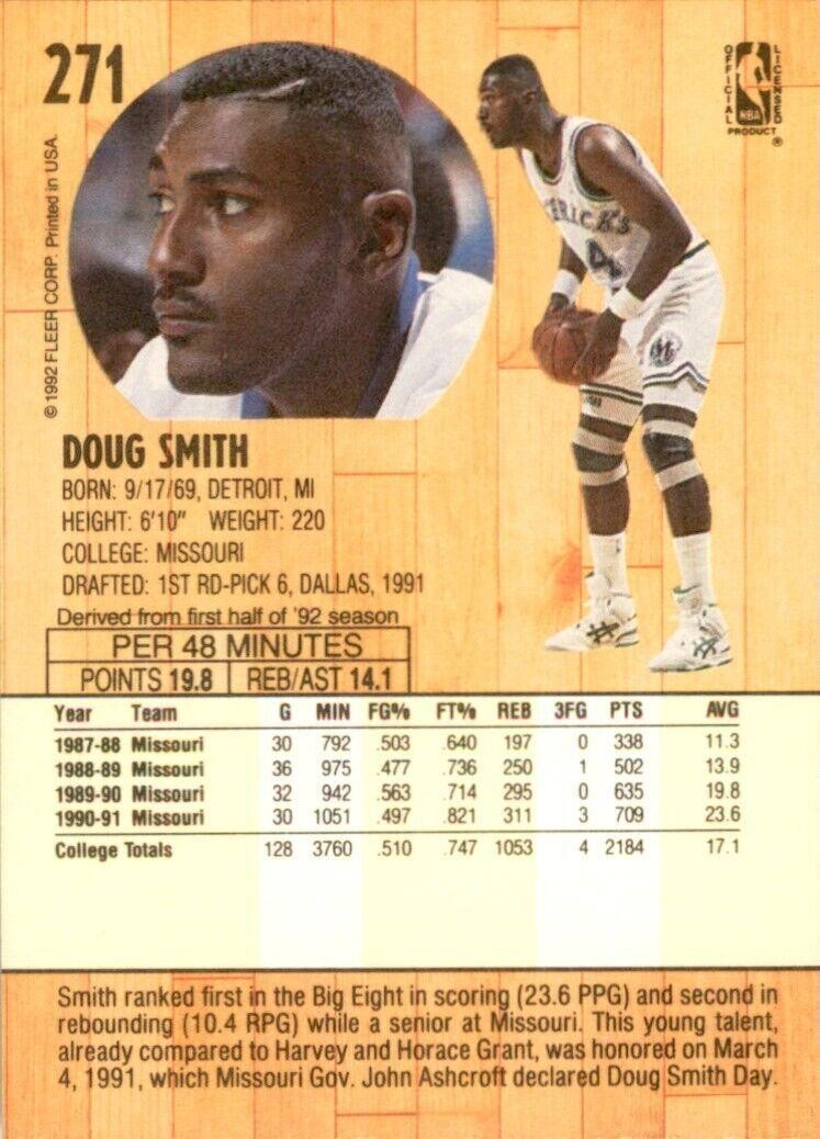 1991-92 Fleer Doug Smith Rookie . Dallas Mavericks #271