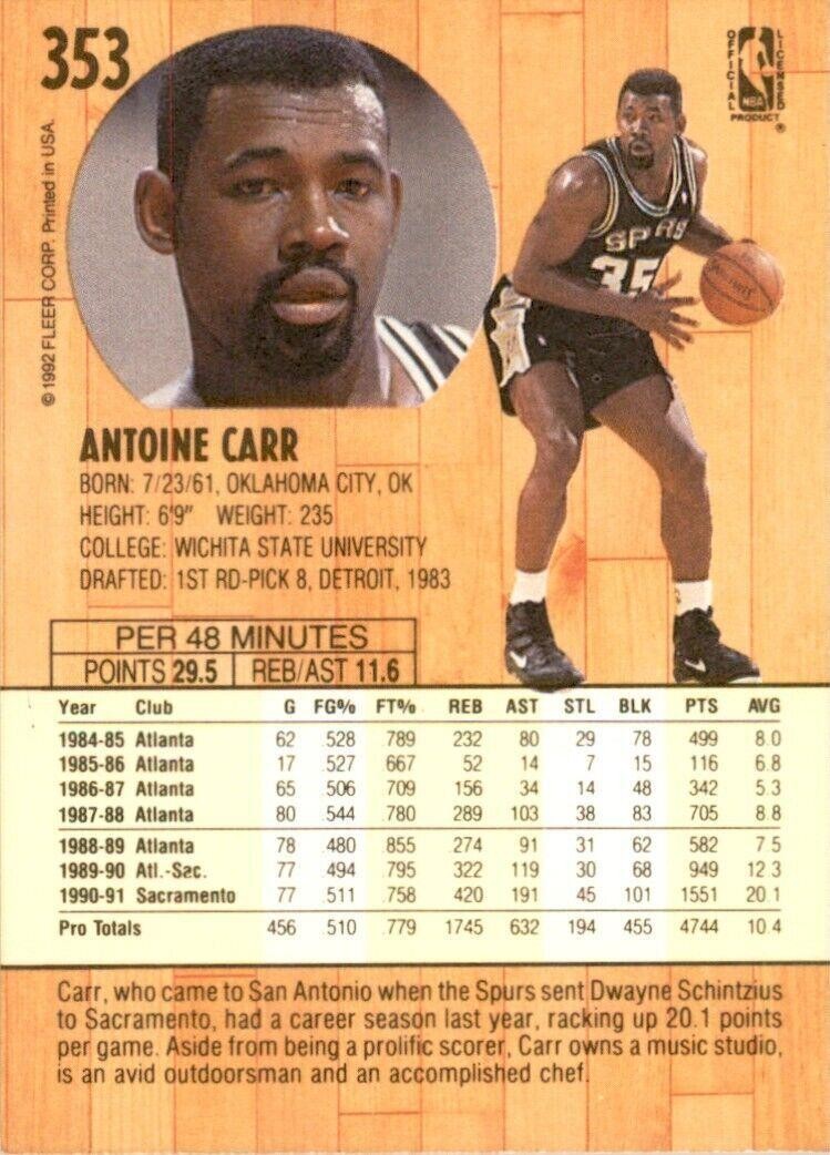 1991-92 Fleer Antoine Carr . San Antonio Spurs #353