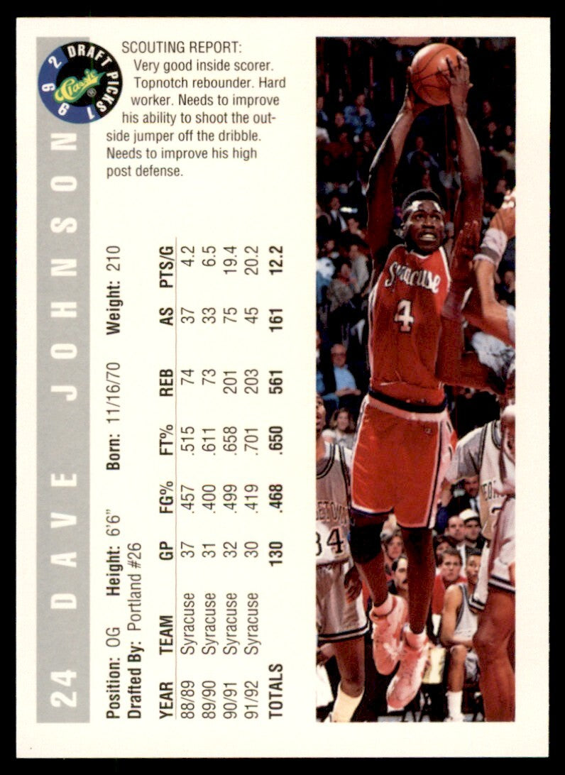 1992-93 Classic Draft Picks Dave Johnson . Portland Trail Blazers #24