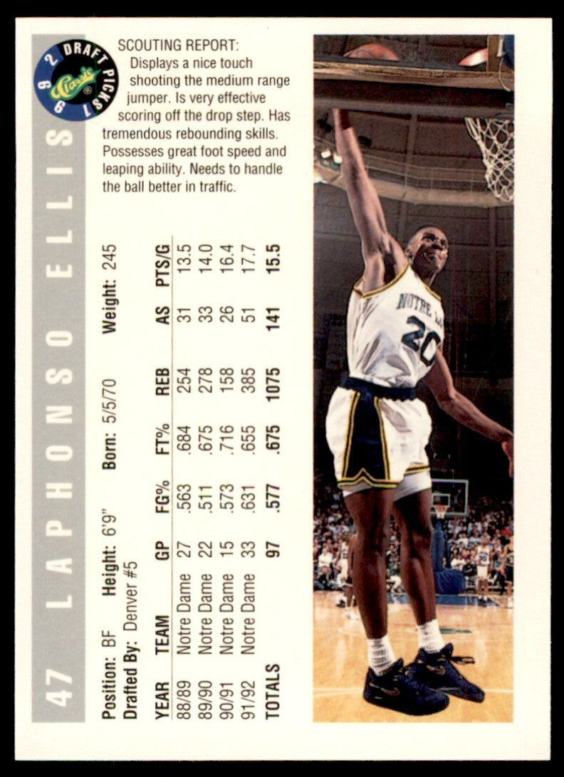 1992-93 Classic Draft Picks LaPhonso Ellis . Notre Dame Fighting Irish #47