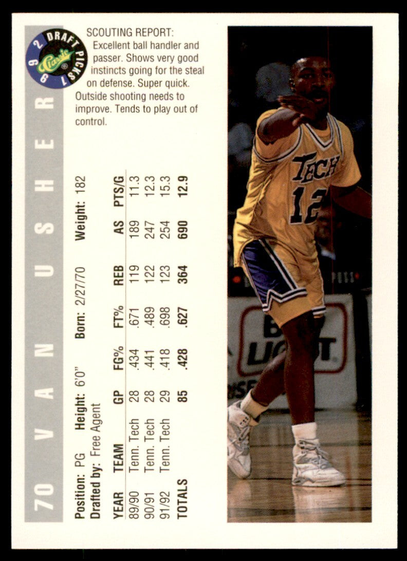 1992-93 Classic Draft Picks Van Usher . Tennessee Tech Golden Eagles #70