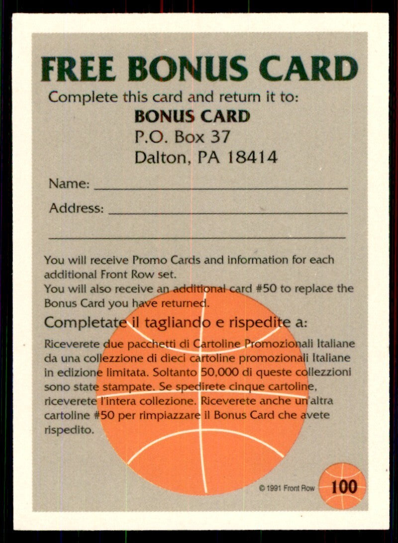 1991-92 Front Row Bonus Card Basketball Cards #100