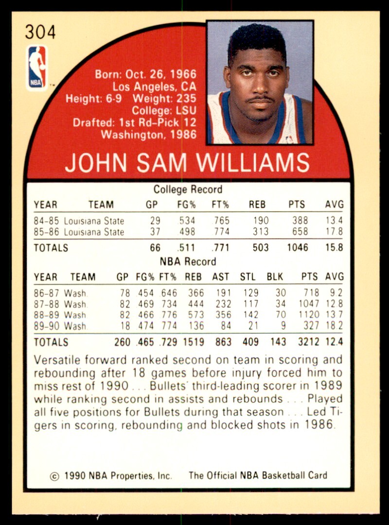 1990-91 NBA Hoops John Williams . Washington Bullets #304