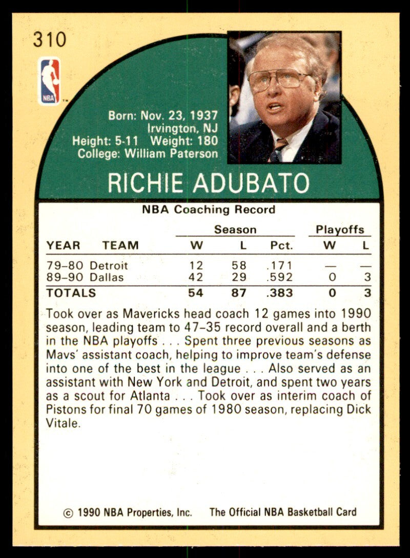 1990-91 NBA Hoops Richie Adubato Rookie . Dallas Mavericks #310