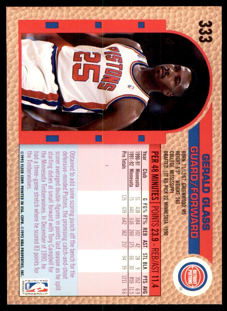 1992-93 Fleer Gerald Glass . Detroit Pistons #333