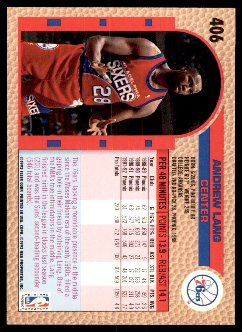 1992-93 Fleer Andrew Lang . Philadelphia 76ers #406