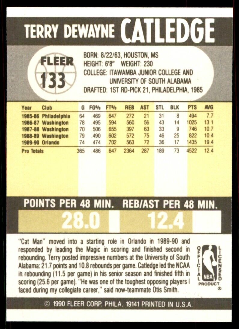 1990-91 Fleer Terry Catledge . Orlando Magic #133