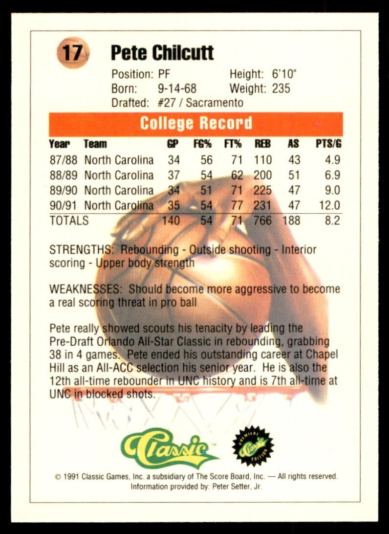 1990-91 Classic Draft Picks Pete Chilcutt Basketball Card #17