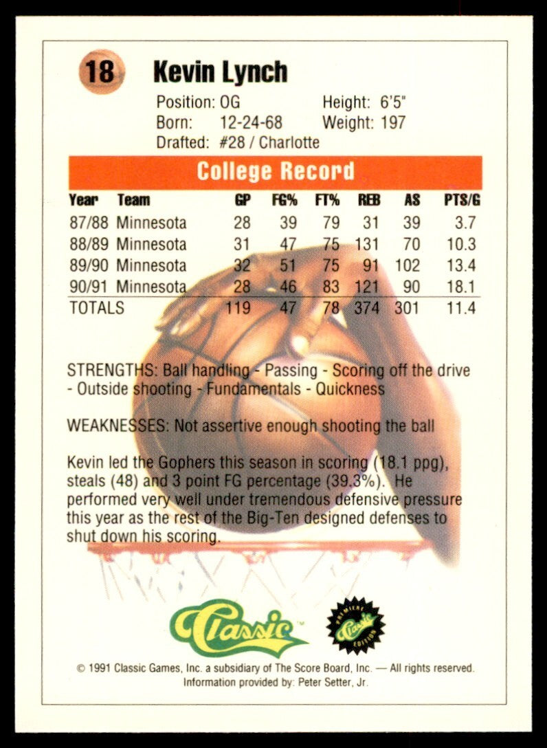1990-91 Classic Draft Picks Kevin Lynch Basketball Card #18